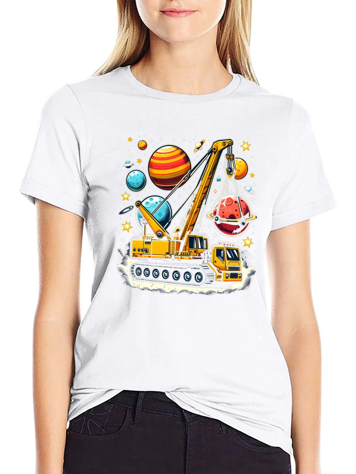 Crane Lifting Planets Graphic T-Shirt