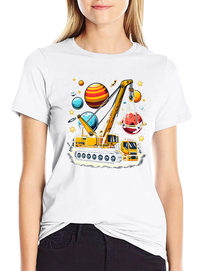 Crane Lifting Planets Graphic T-Shirt