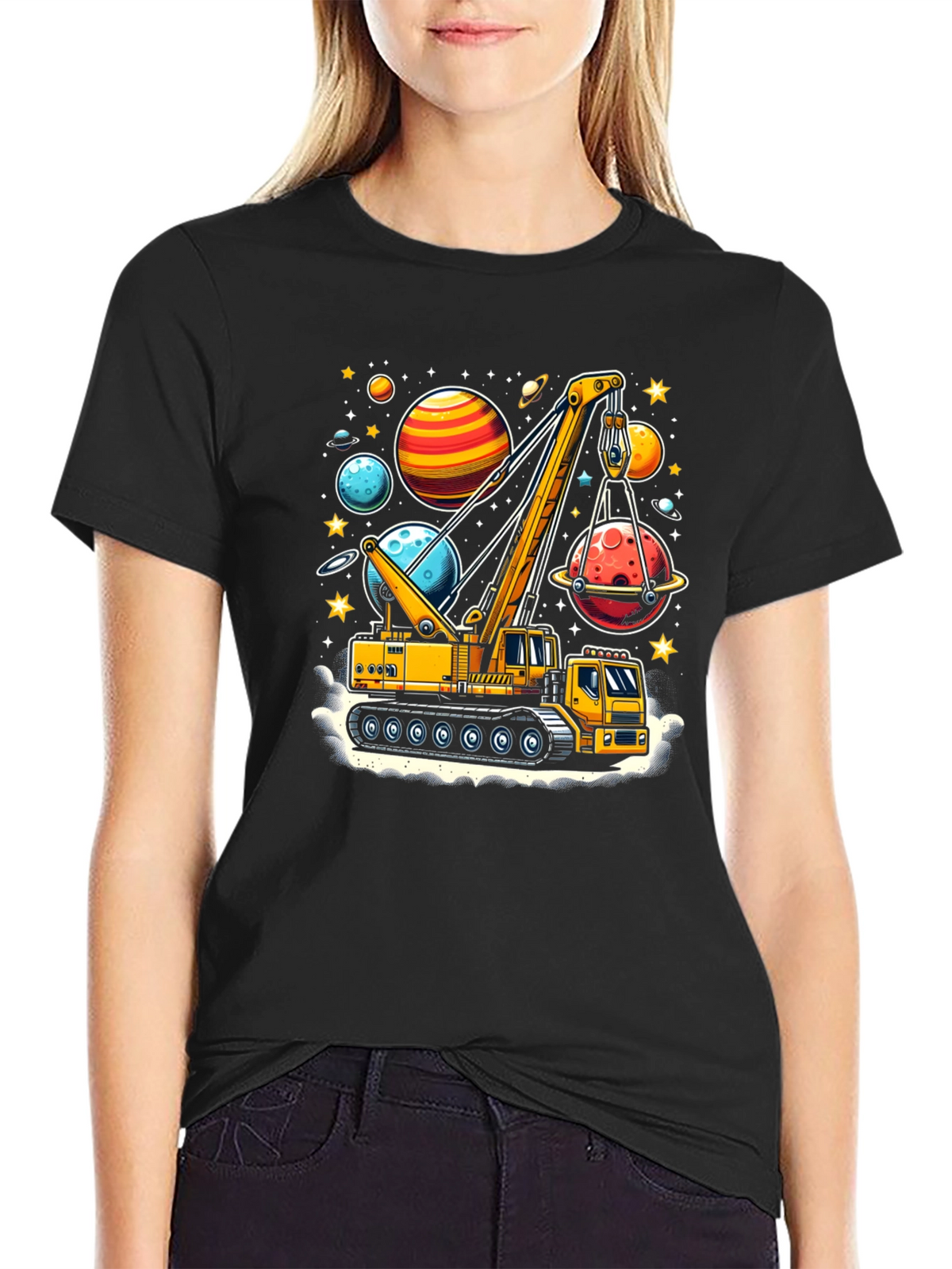Crane Lifting Planets Graphic T-Shirt