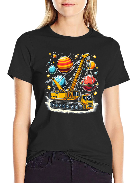 Crane Lifting Planets Graphic T-Shirt