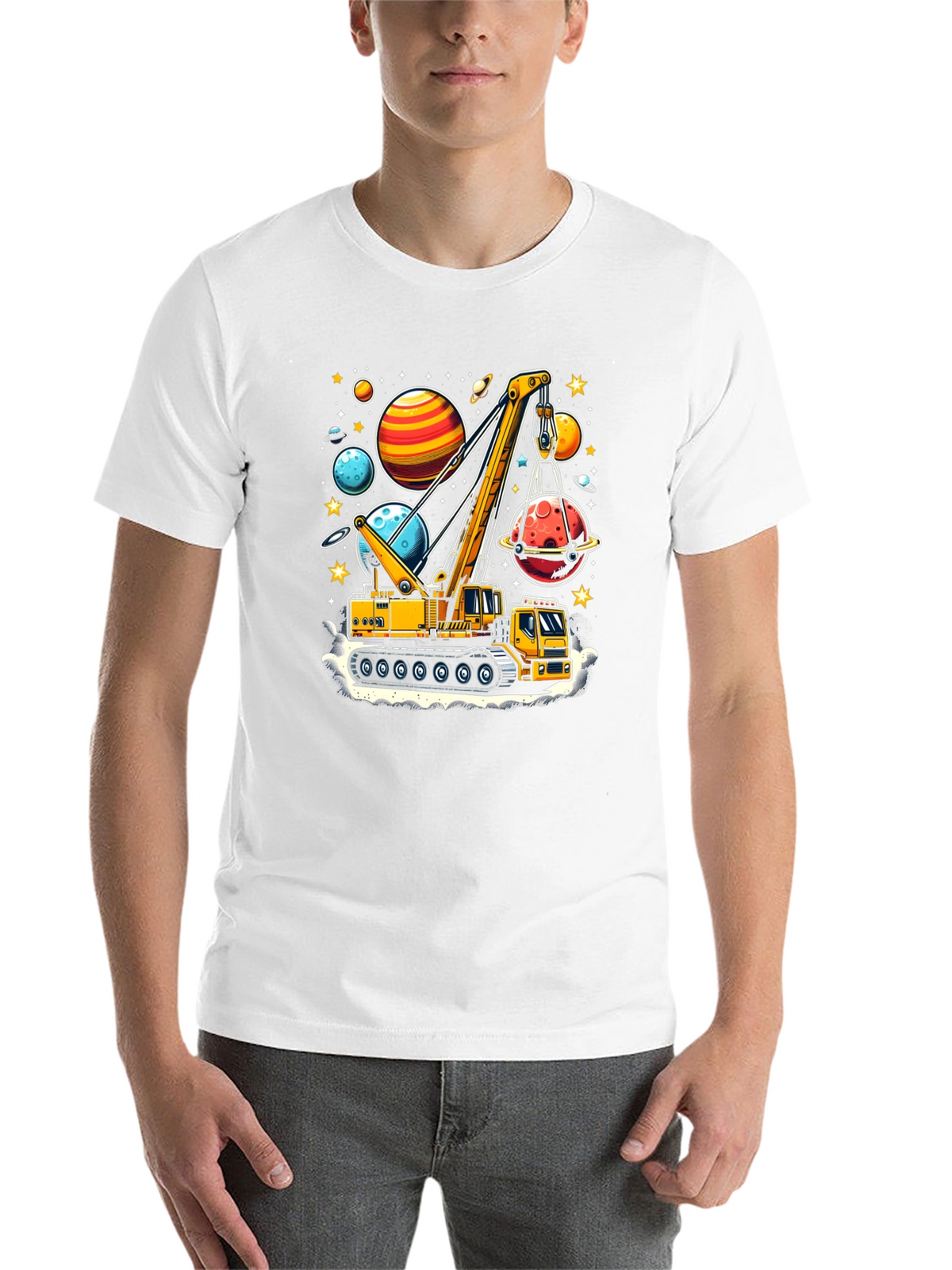 Crane Lifting Planets Graphic T-Shirt