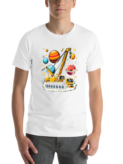 Crane Lifting Planets Graphic T-Shirt
