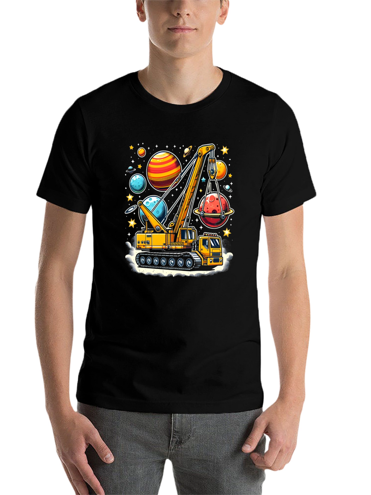 Crane Lifting Planets Graphic T-Shirt