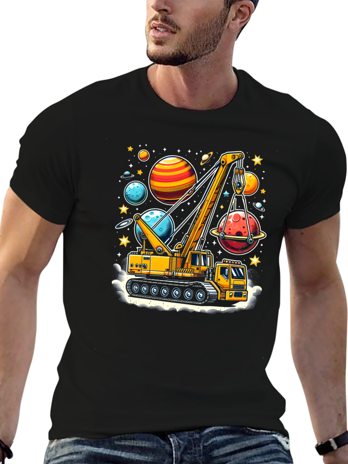 Crane Lifting Planets Graphic T-Shirt