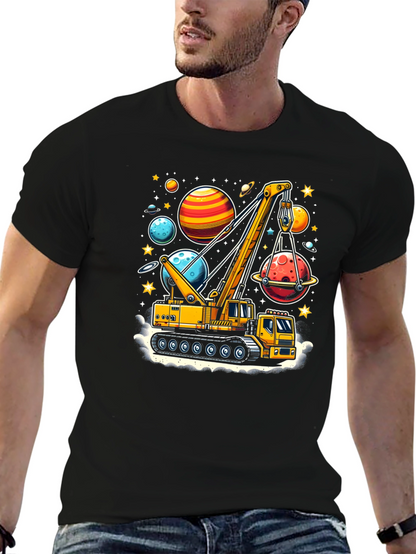 Crane Lifting Planets Graphic T-Shirt