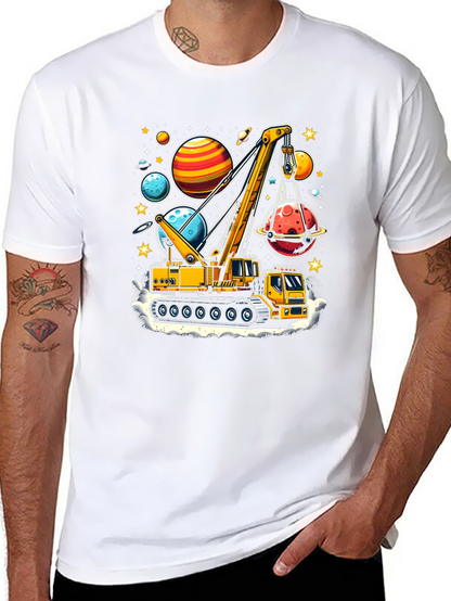 Crane Lifting Planets Graphic T-Shirt