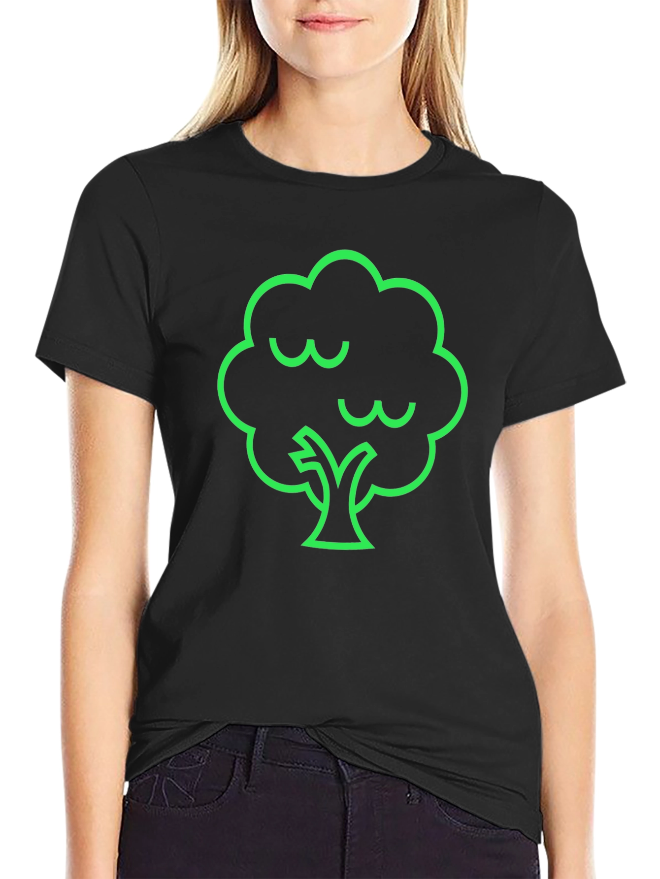 Modern Green Tree Graphic Black T-Shirt