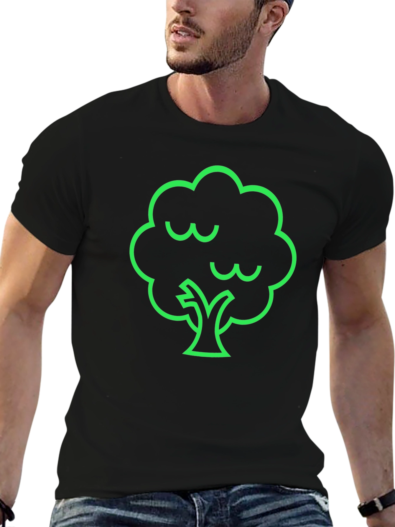 Modern Green Tree Graphic Black T-Shirt
