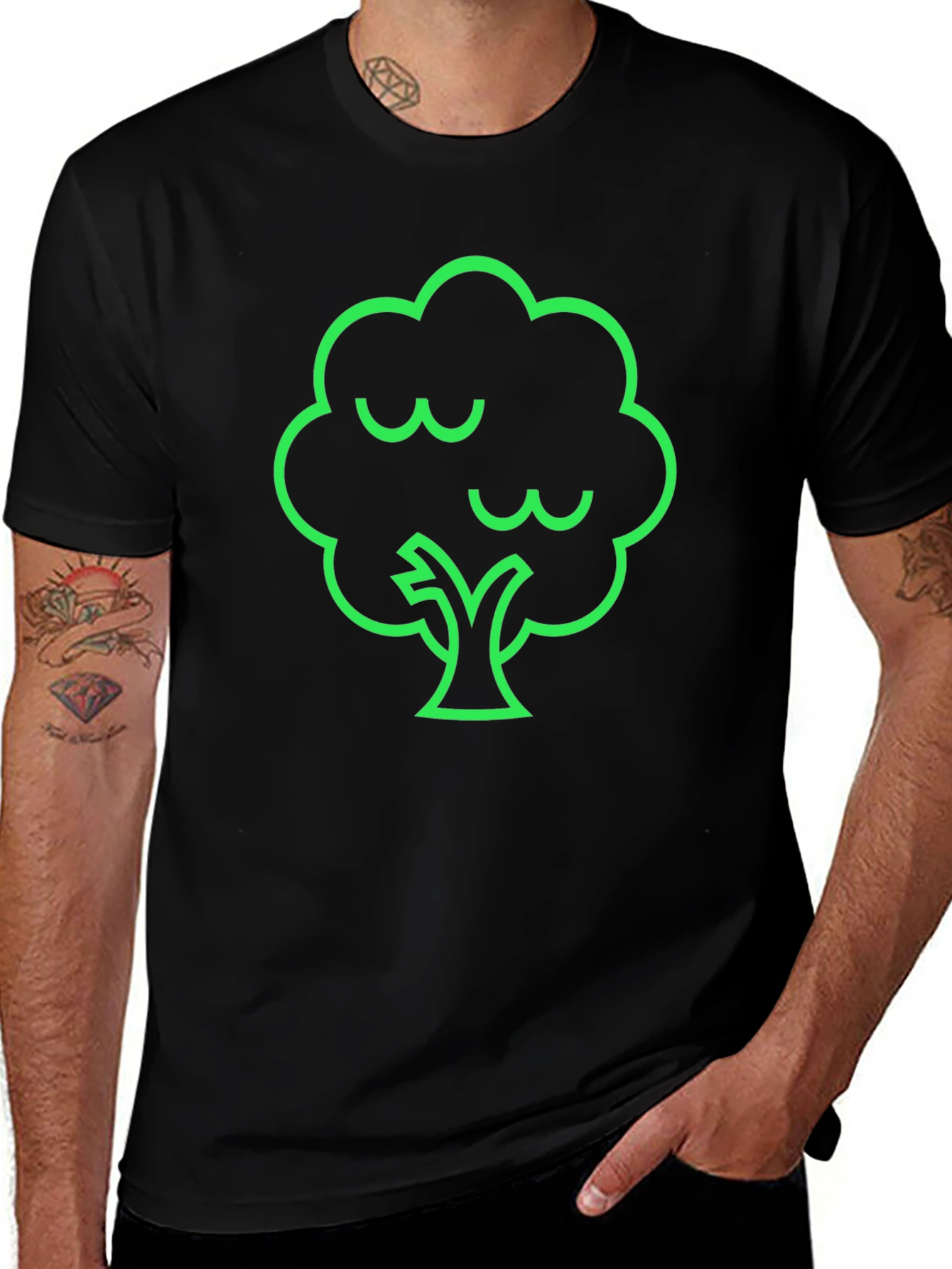Modern Green Tree Graphic Black T-Shirt