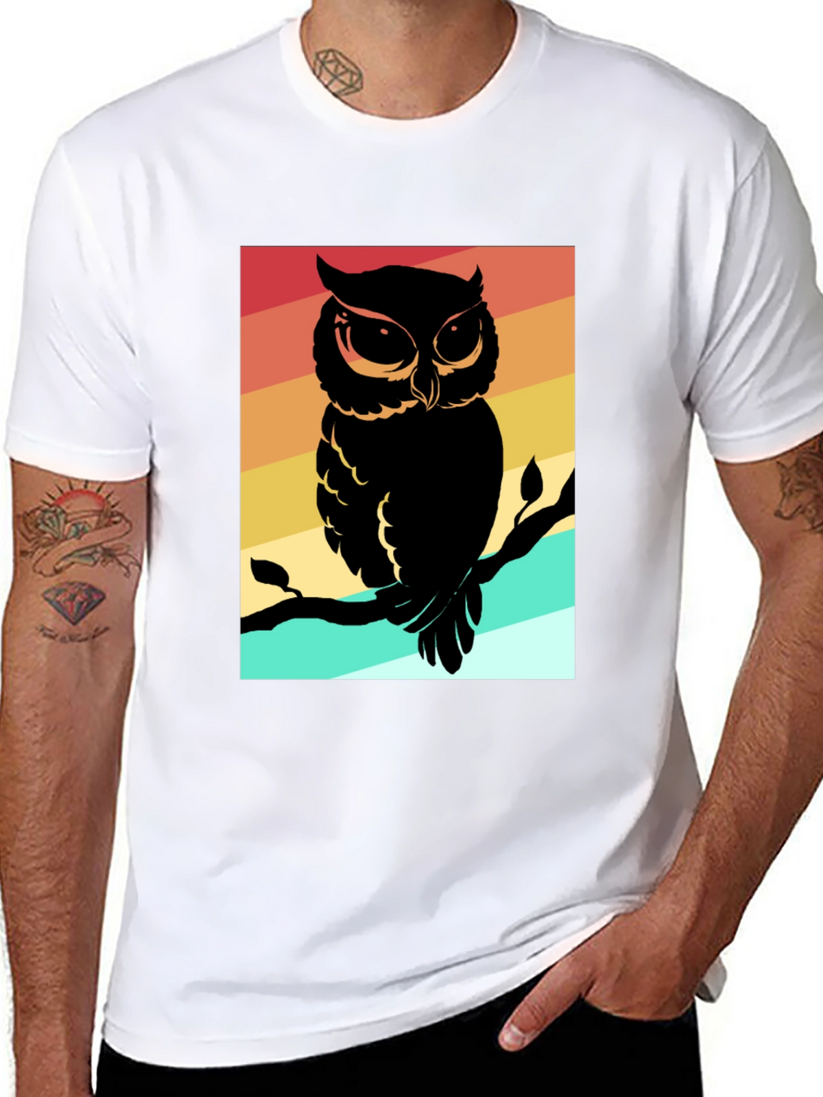 Retro Owl Graphic Tee - Mens Black Cotton T-Shirt