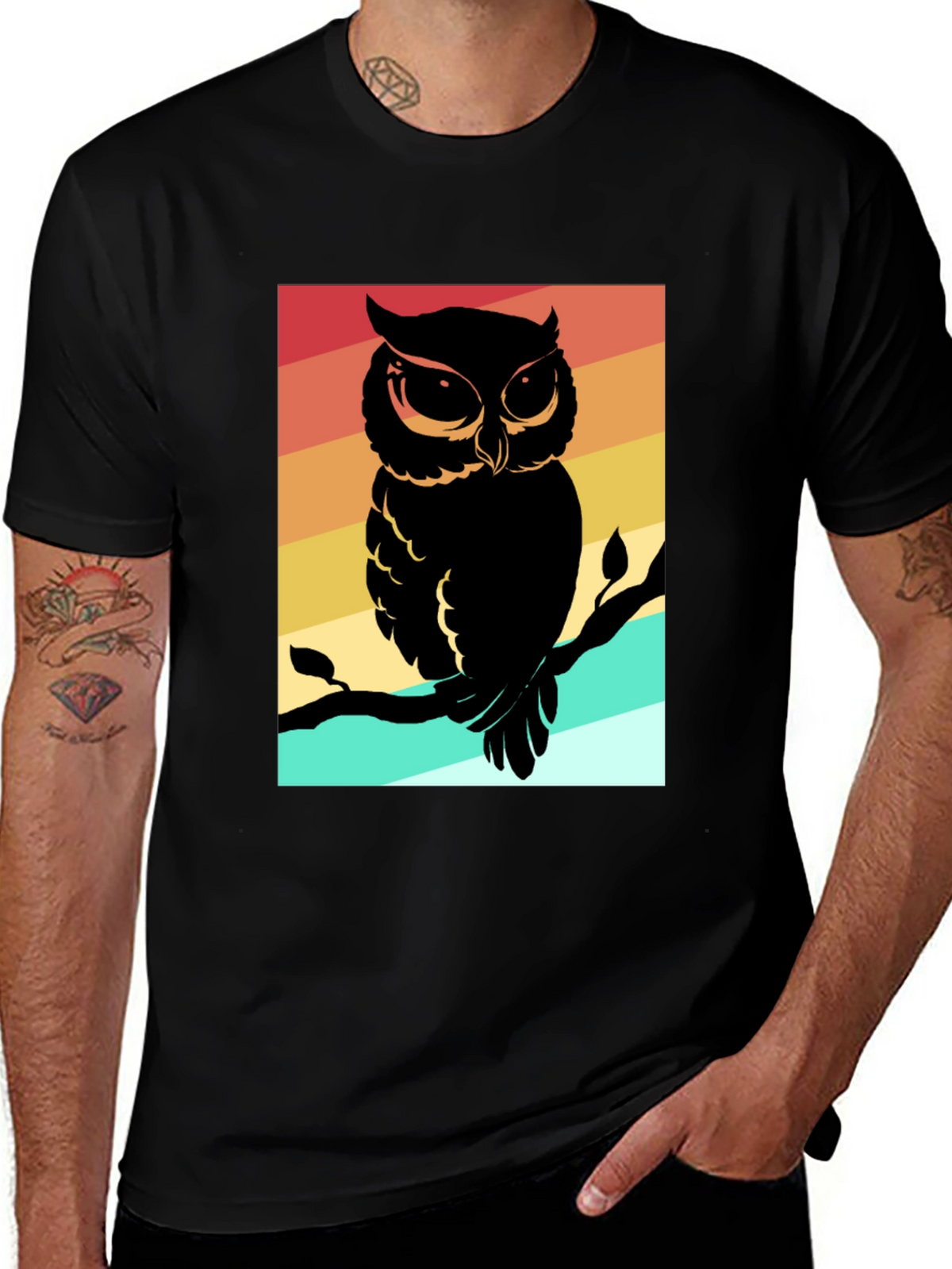 Retro Owl Graphic Tee - Mens Black Cotton T-Shirt