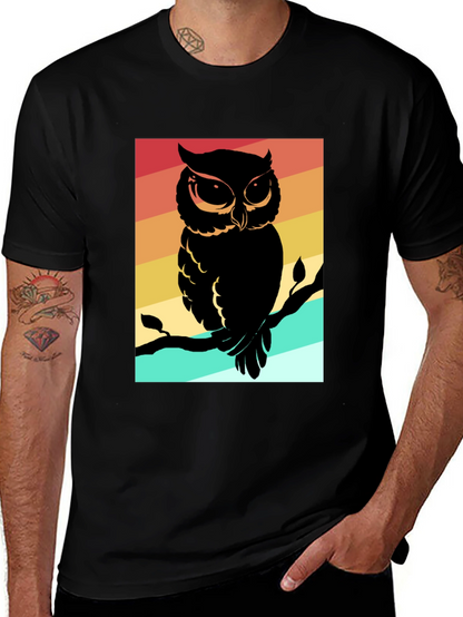 Retro Owl Graphic Tee - Mens Black Cotton T-Shirt