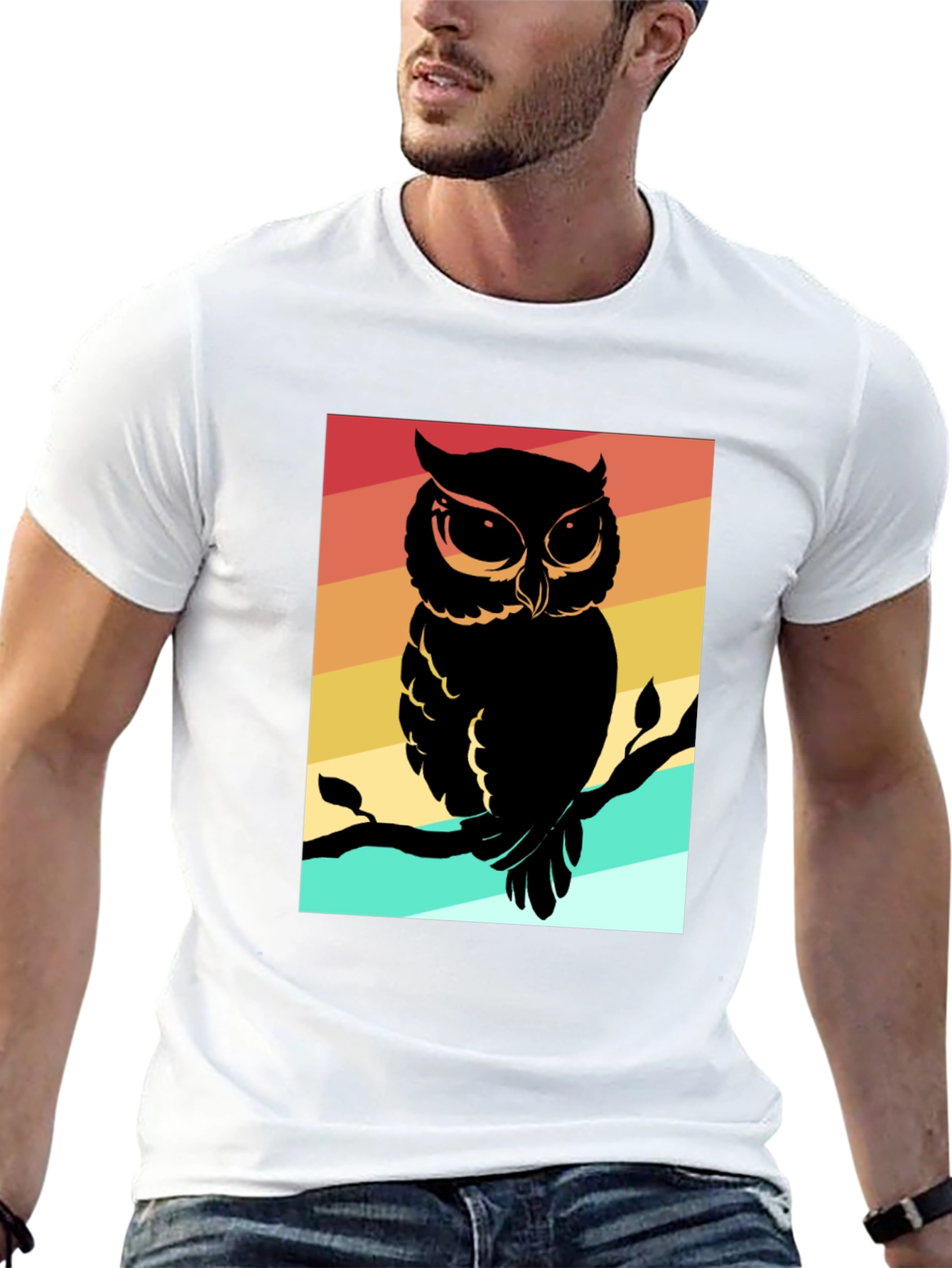 Retro Owl Graphic Tee - Mens Black Cotton T-Shirt