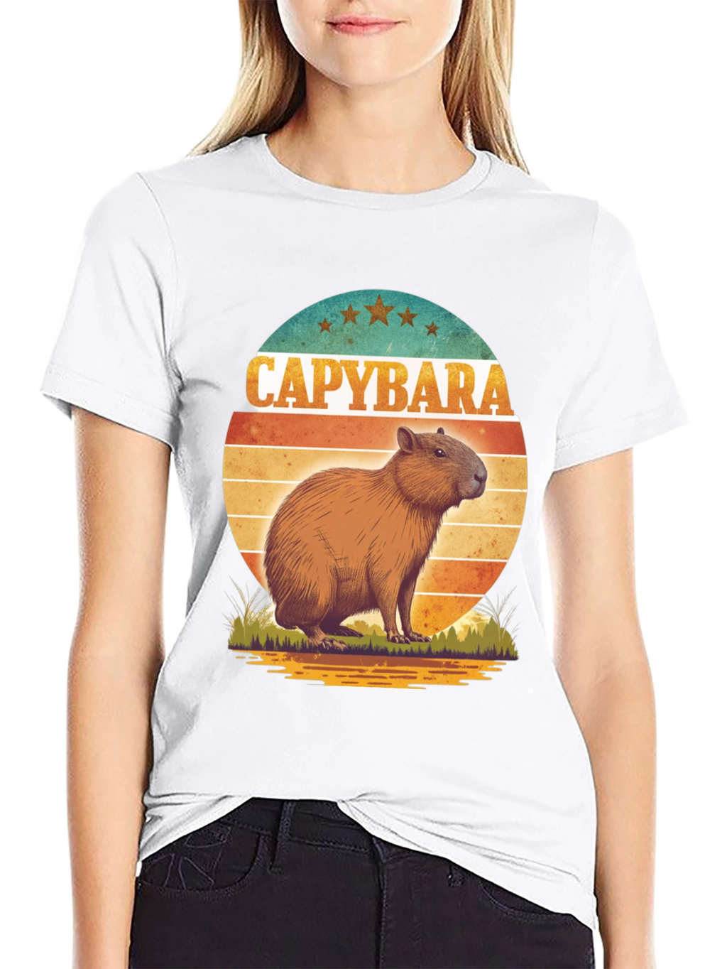 Capybara Retro Sunset Graphic Tee