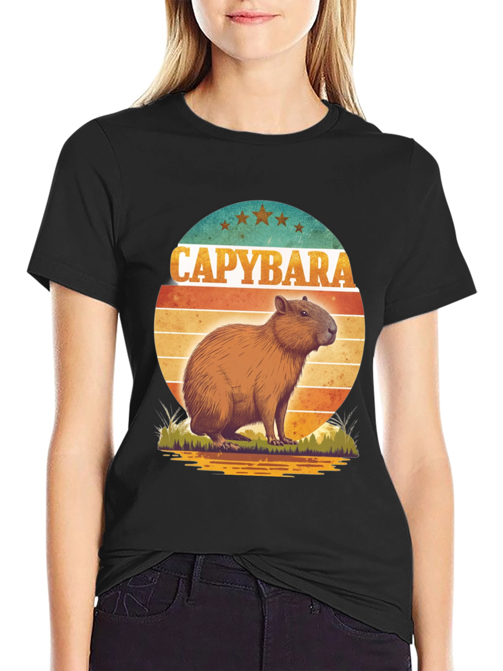 Capybara Retro Sunset Graphic Tee