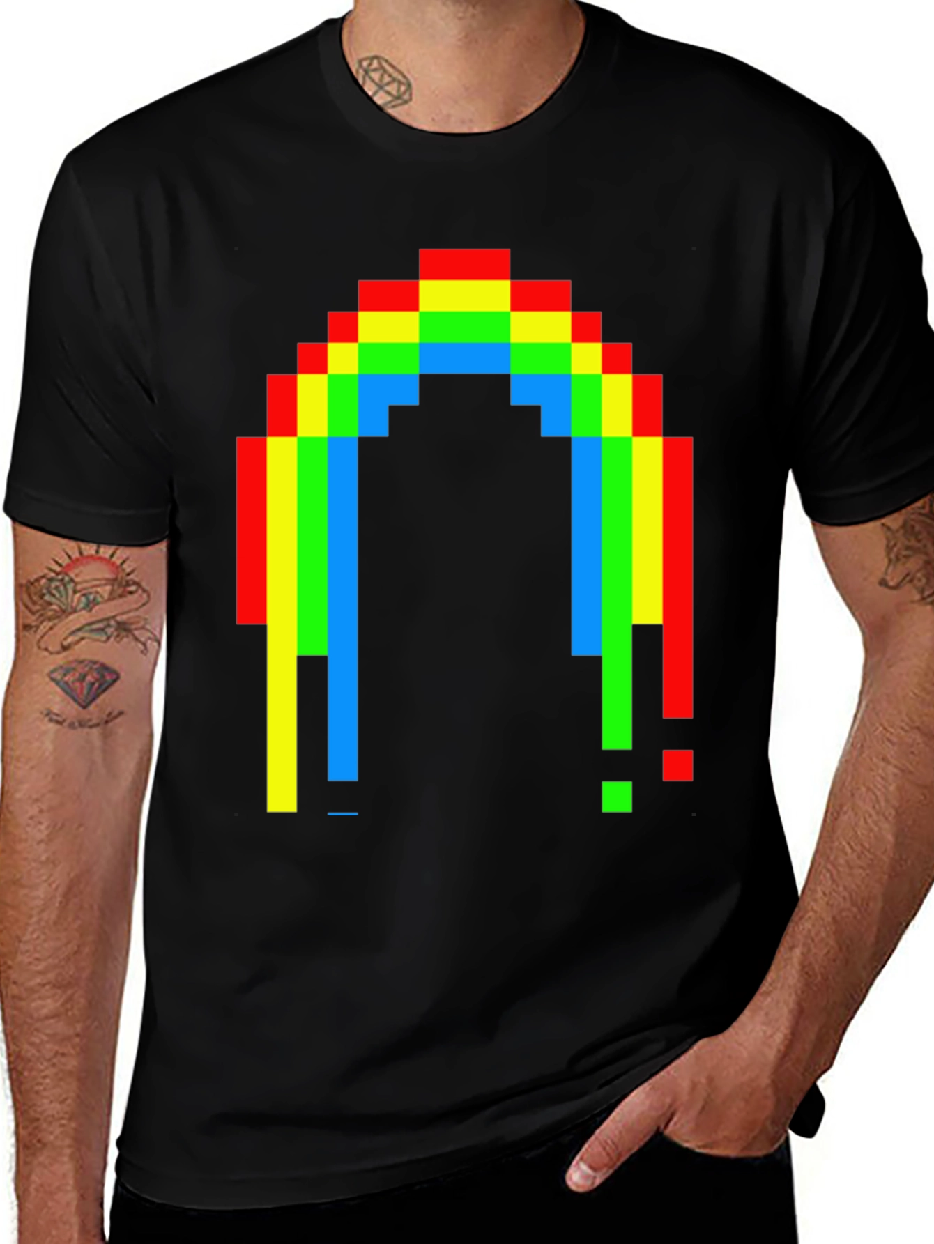 Pixel Rainbow Graphic Tee - Black Cotton Blend