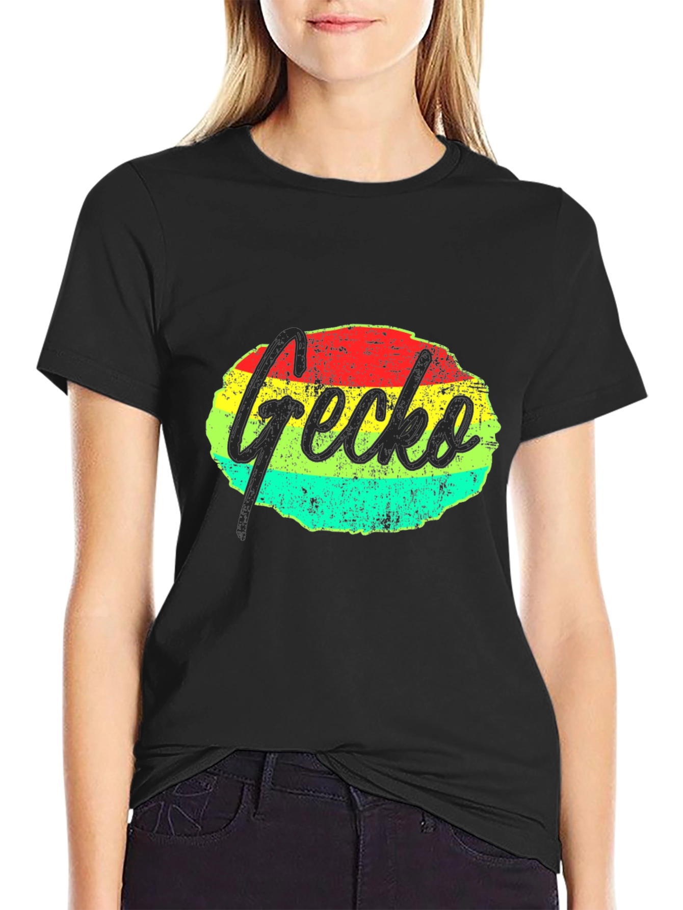 Retro Gecko Graphic Tee - Black Casual T-Shirt