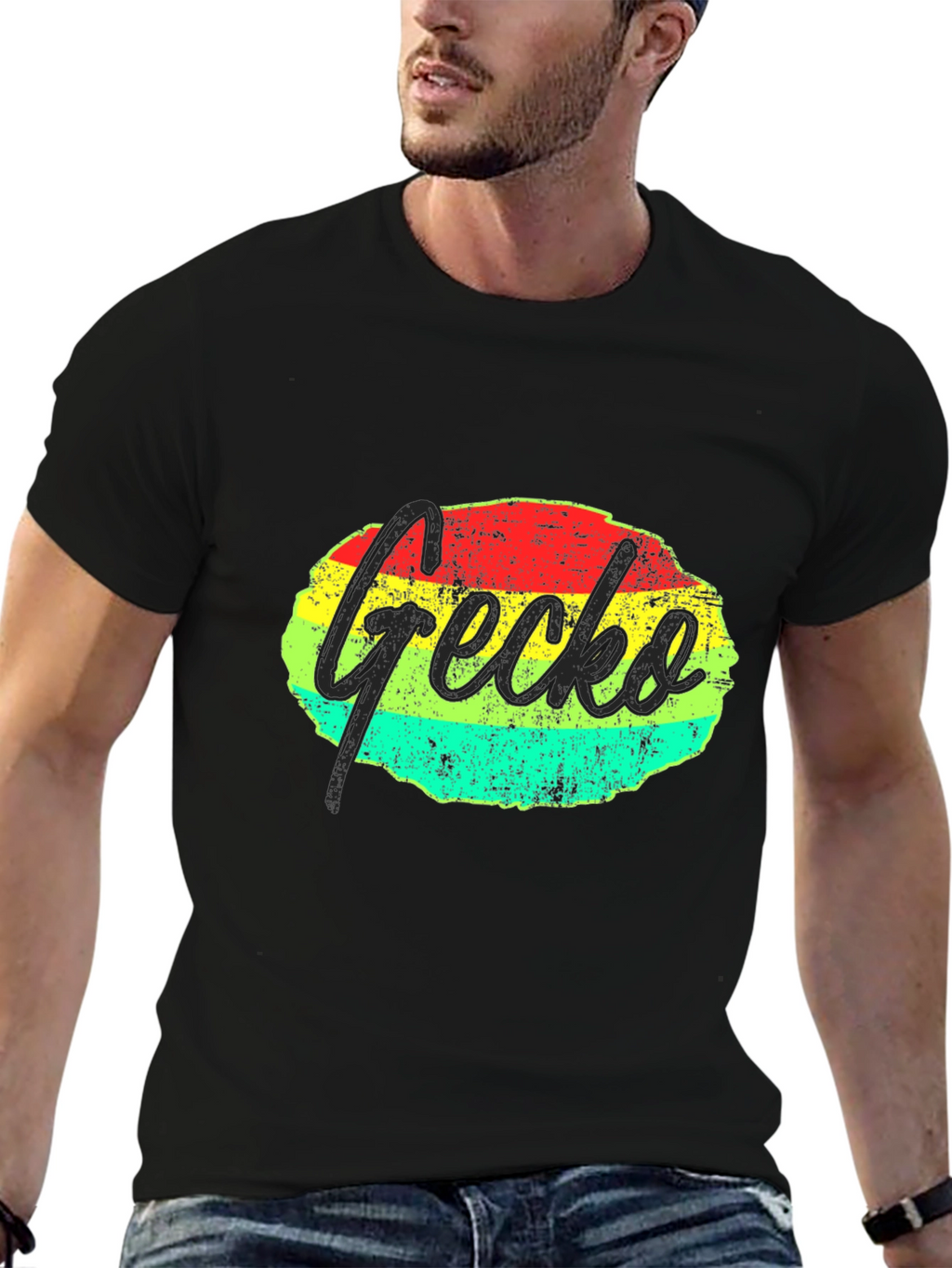 Retro Gecko Graphic Tee - Black Casual T-Shirt