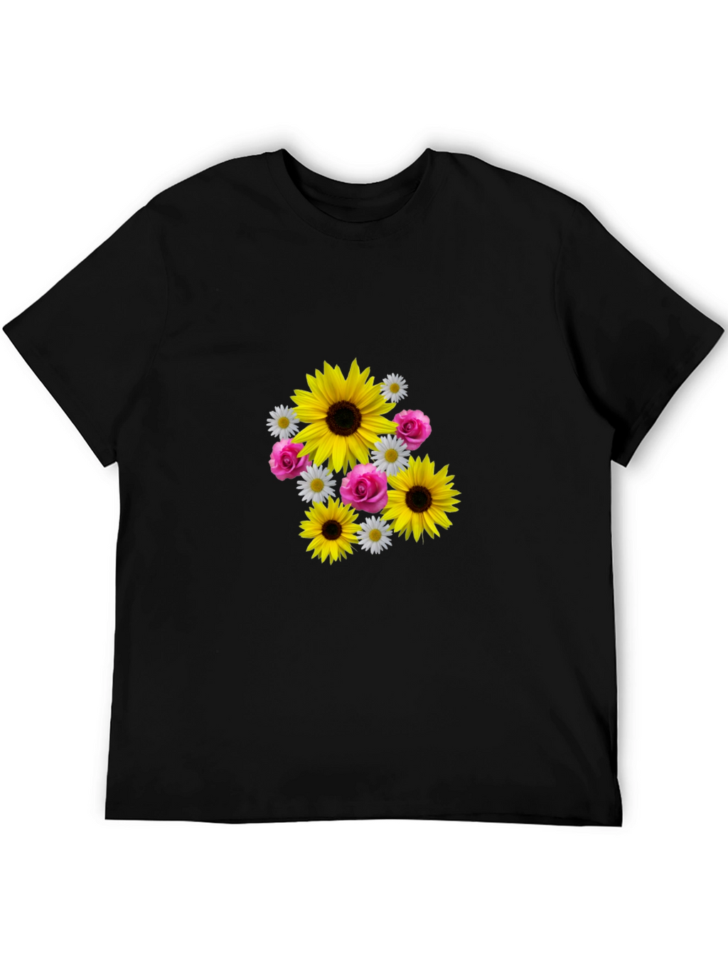 Sunflower Floral Graphic Tee - Casual Black T-Shirt