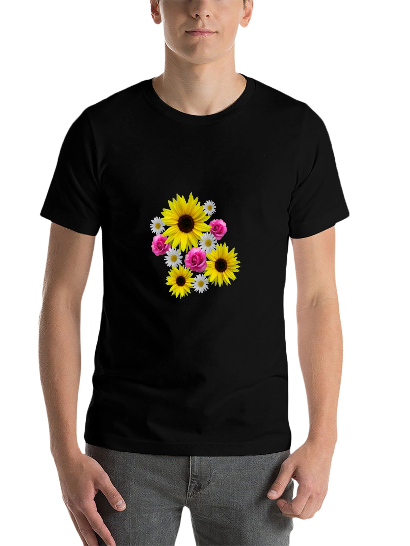 Sunflower Floral Graphic Tee - Casual Black T-Shirt