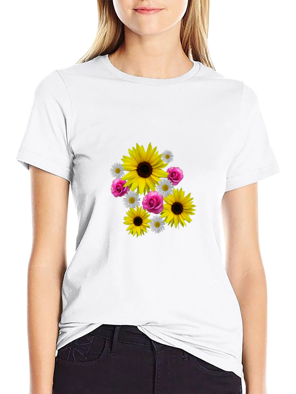 Sunflower Floral Graphic Tee - Casual Black T-Shirt