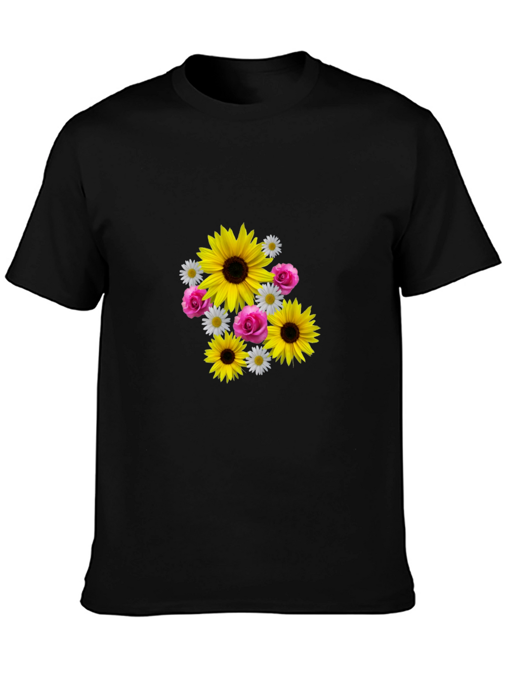 Sunflower Floral Graphic Tee - Casual Black T-Shirt