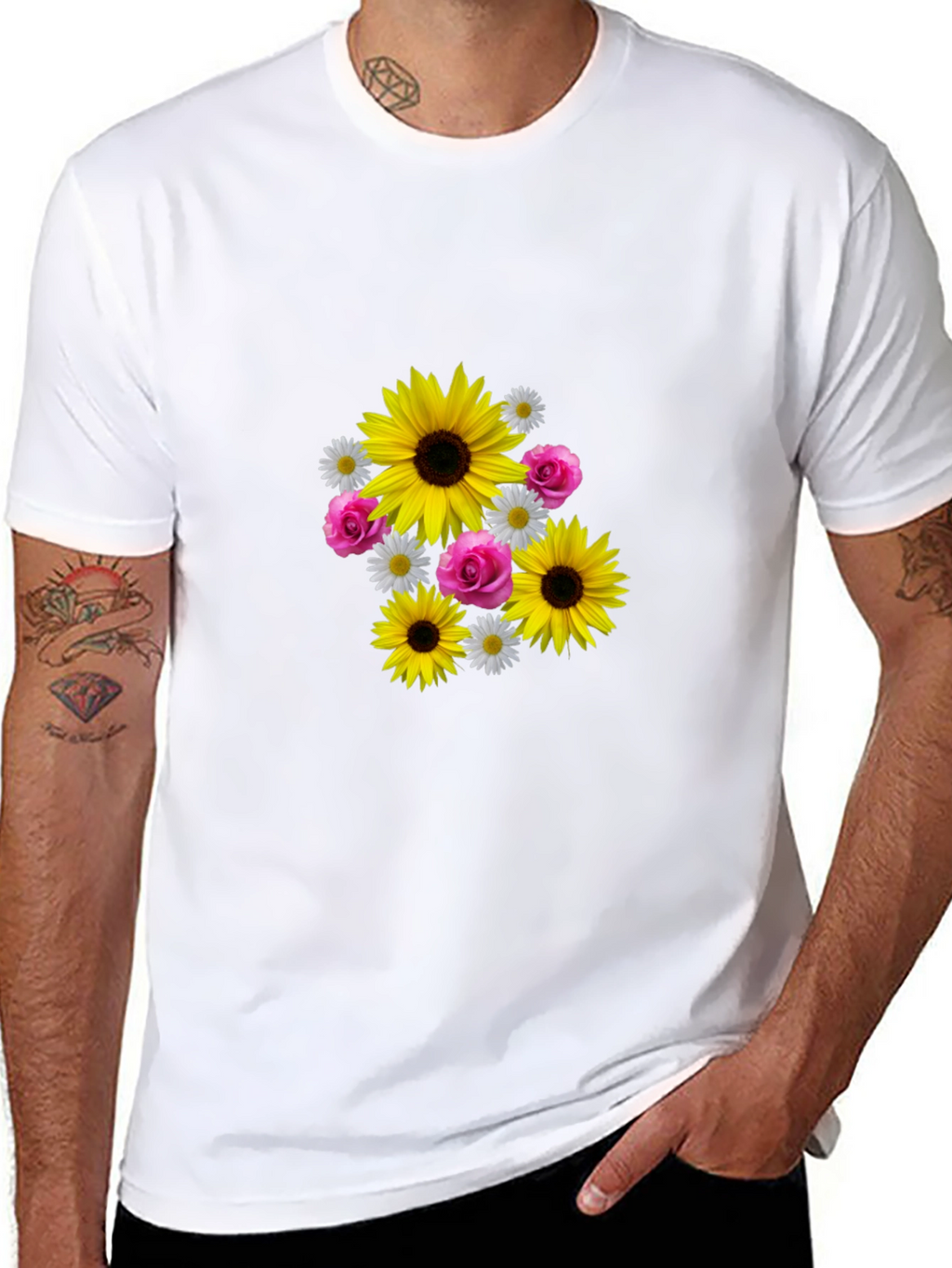 Sunflower Floral Graphic Tee - Casual Black T-Shirt