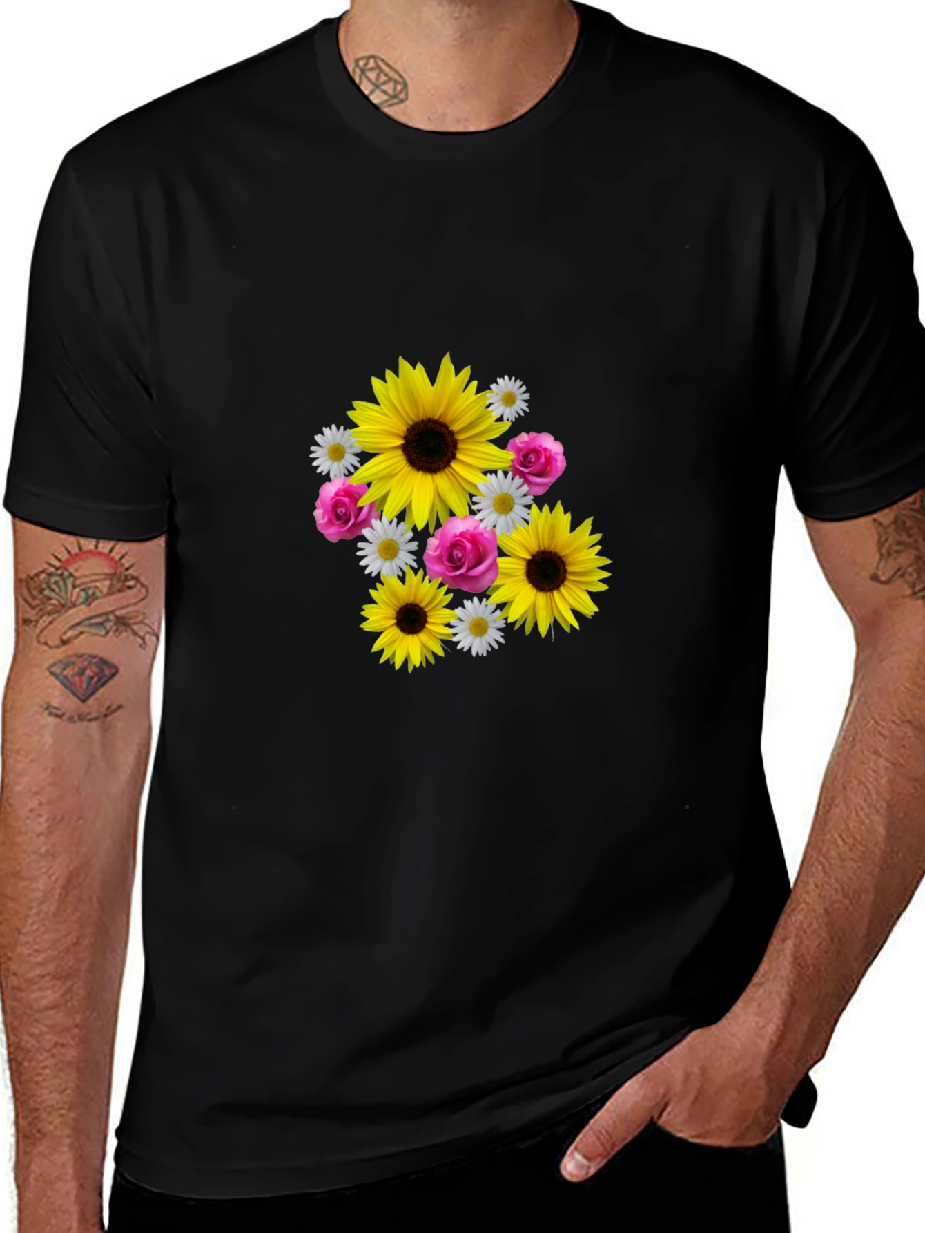 Sunflower Floral Graphic Tee - Casual Black T-Shirt