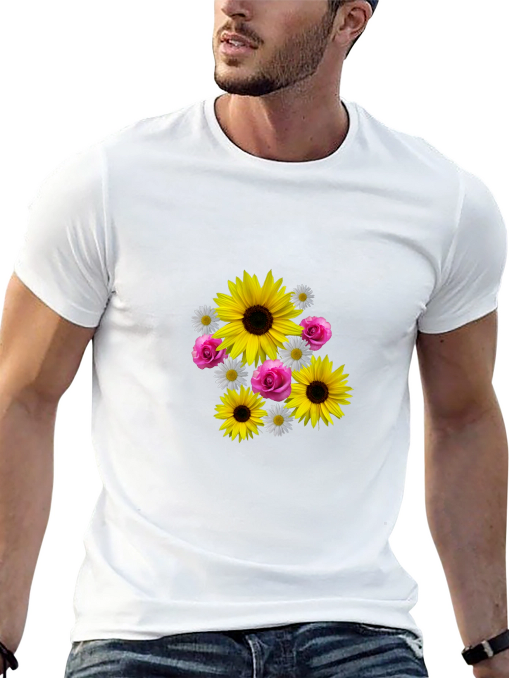 Sunflower Floral Graphic Tee - Casual Black T-Shirt