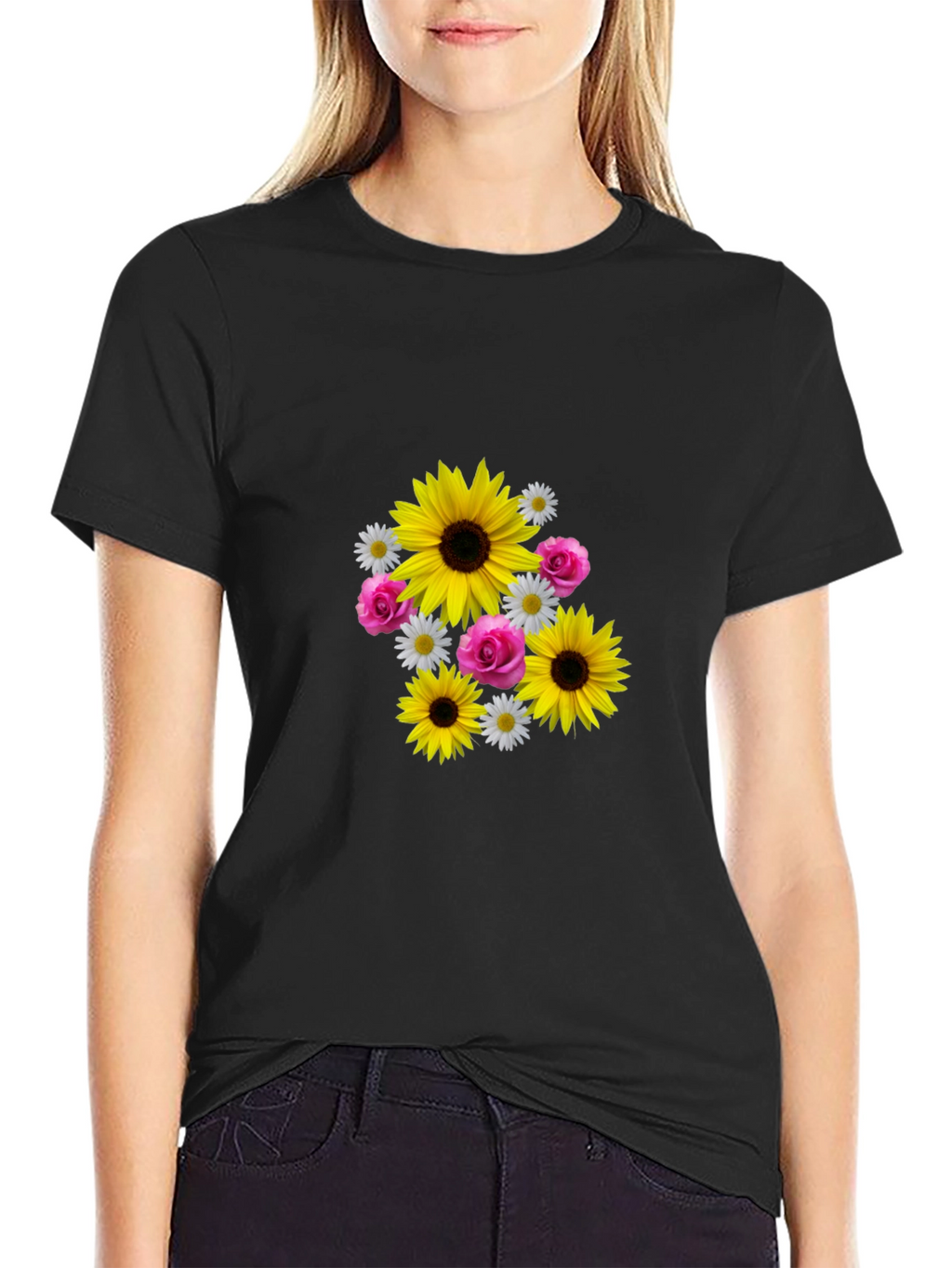 Sunflower Floral Graphic Tee - Casual Black T-Shirt