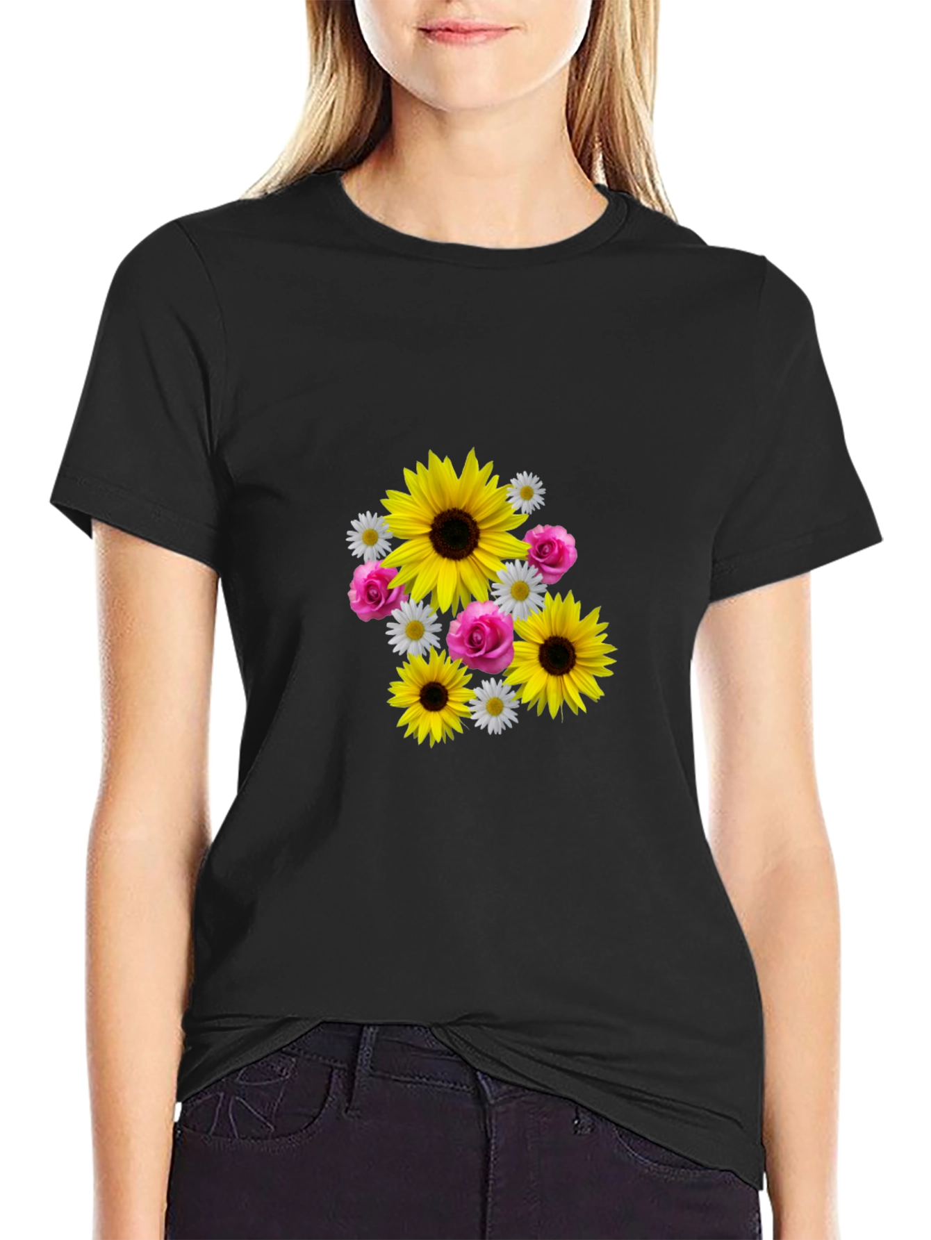 Sunflower Floral Graphic Tee - Casual Black T-Shirt