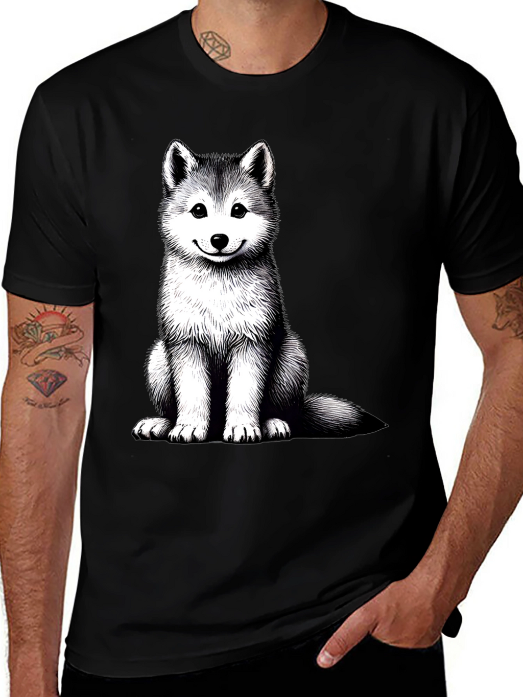 Husky Puppy Graphic Tee - Black