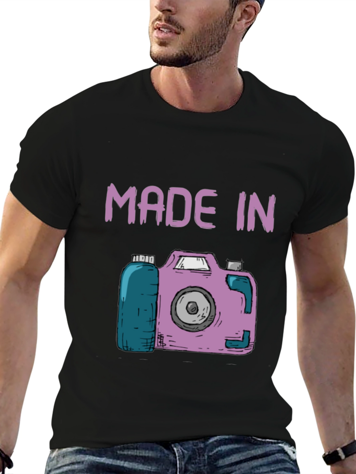 Funny Made In Camera Black Graphic Tee