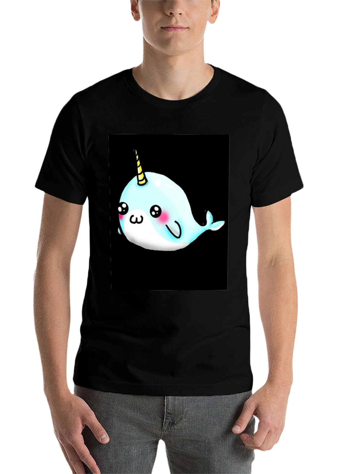 Narwhal Unicorn Cartoon Black T-Shirt