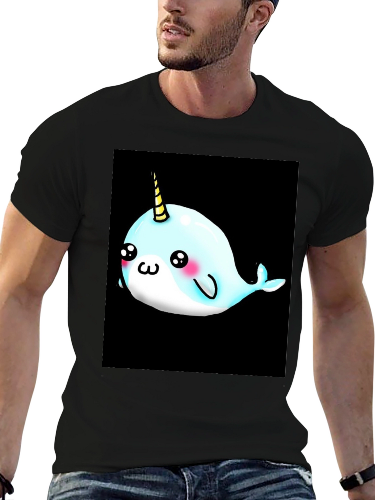 Narwhal Unicorn Cartoon Black T-Shirt