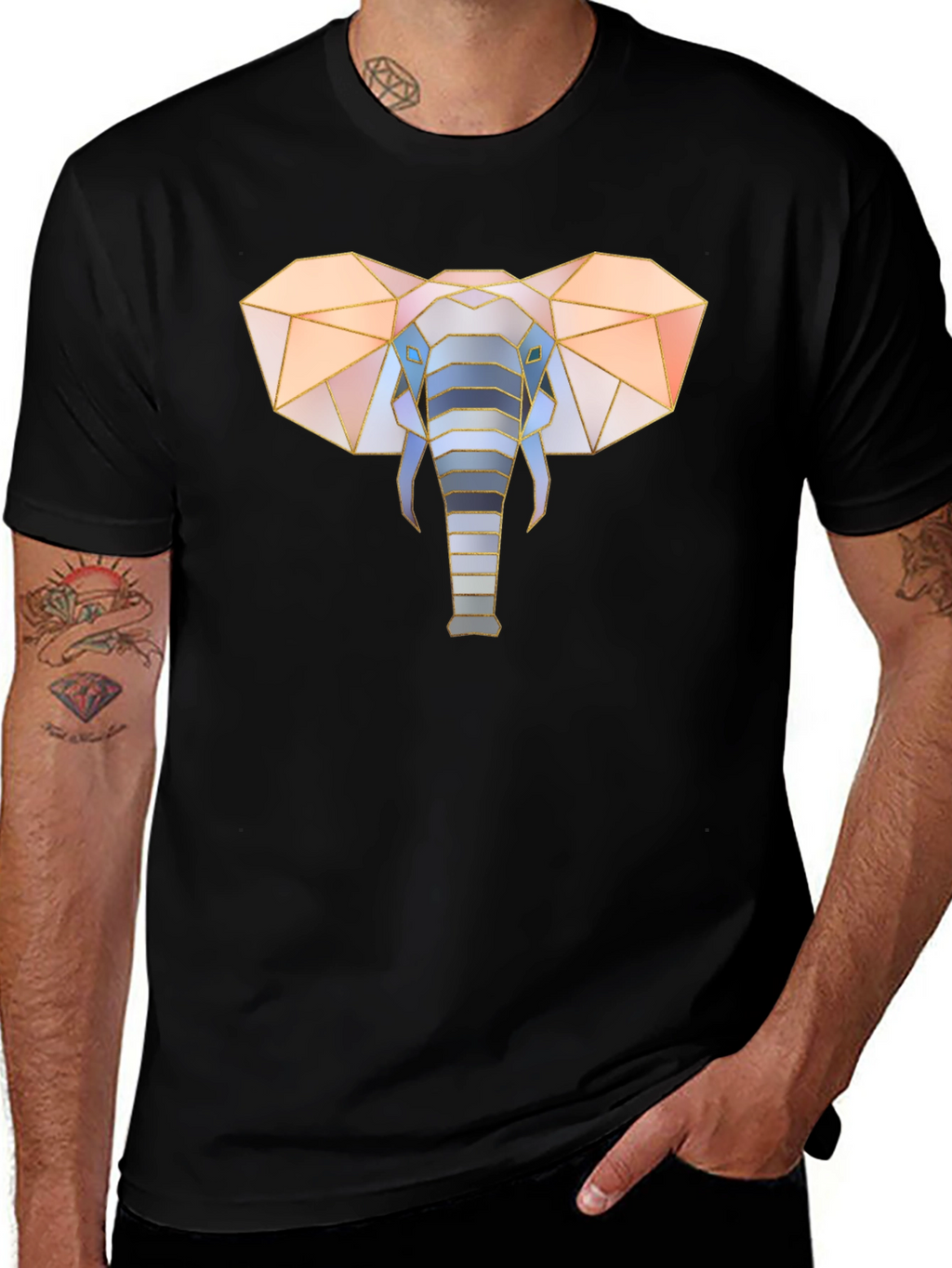 Geometric Elephant Graphic Tee - Stylish Mens Black T-Shirt