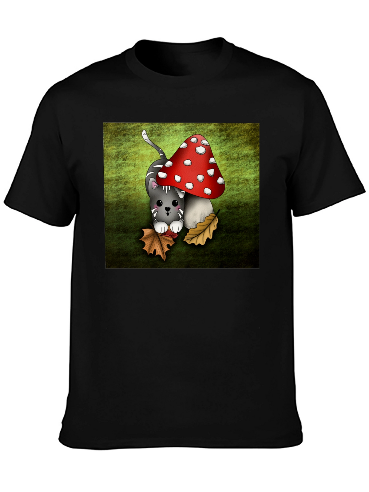 Cute Cartoon Cat and Mushroom Graphic T-Shirt