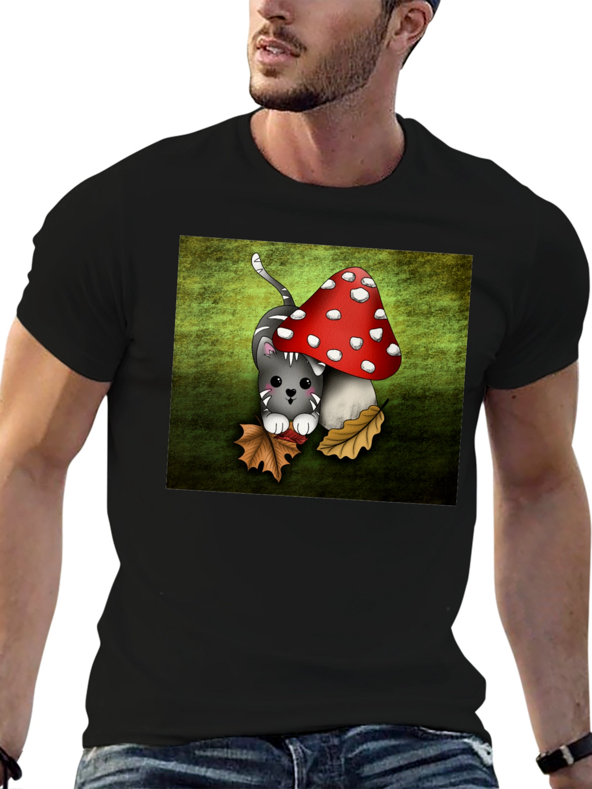 Cute Cartoon Cat and Mushroom Graphic T-Shirt