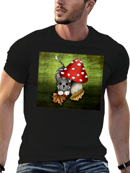 Cute Cartoon Cat and Mushroom Graphic T-Shirt