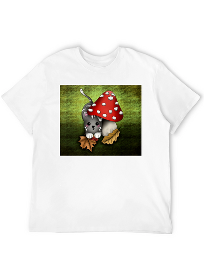 Cute Cartoon Cat and Mushroom Graphic T-Shirt