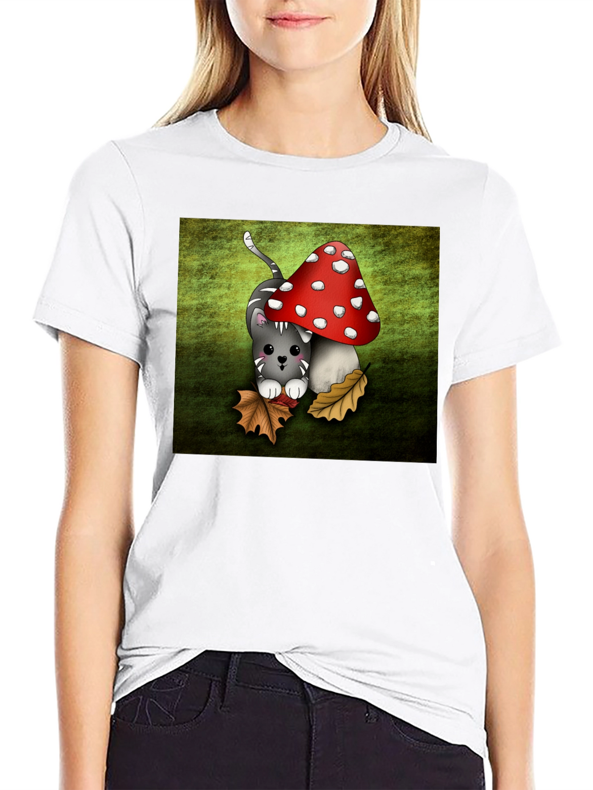Cute Cartoon Cat and Mushroom Graphic T-Shirt