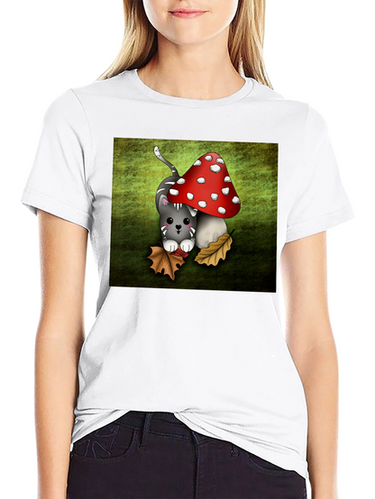 Cute Cartoon Cat and Mushroom Graphic T-Shirt