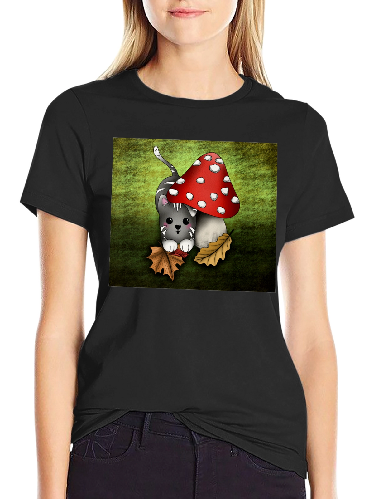 Cute Cartoon Cat and Mushroom Graphic T-Shirt