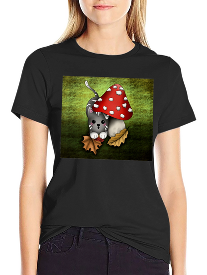 Cute Cartoon Cat and Mushroom Graphic T-Shirt