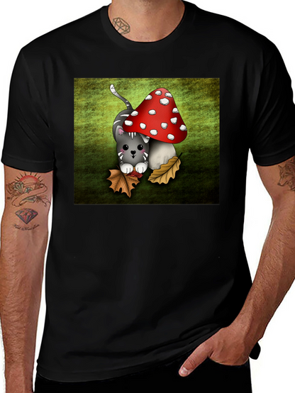 Cute Cartoon Cat and Mushroom Graphic T-Shirt