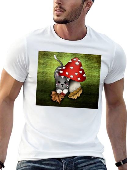 Cute Cartoon Cat and Mushroom Graphic T-Shirt