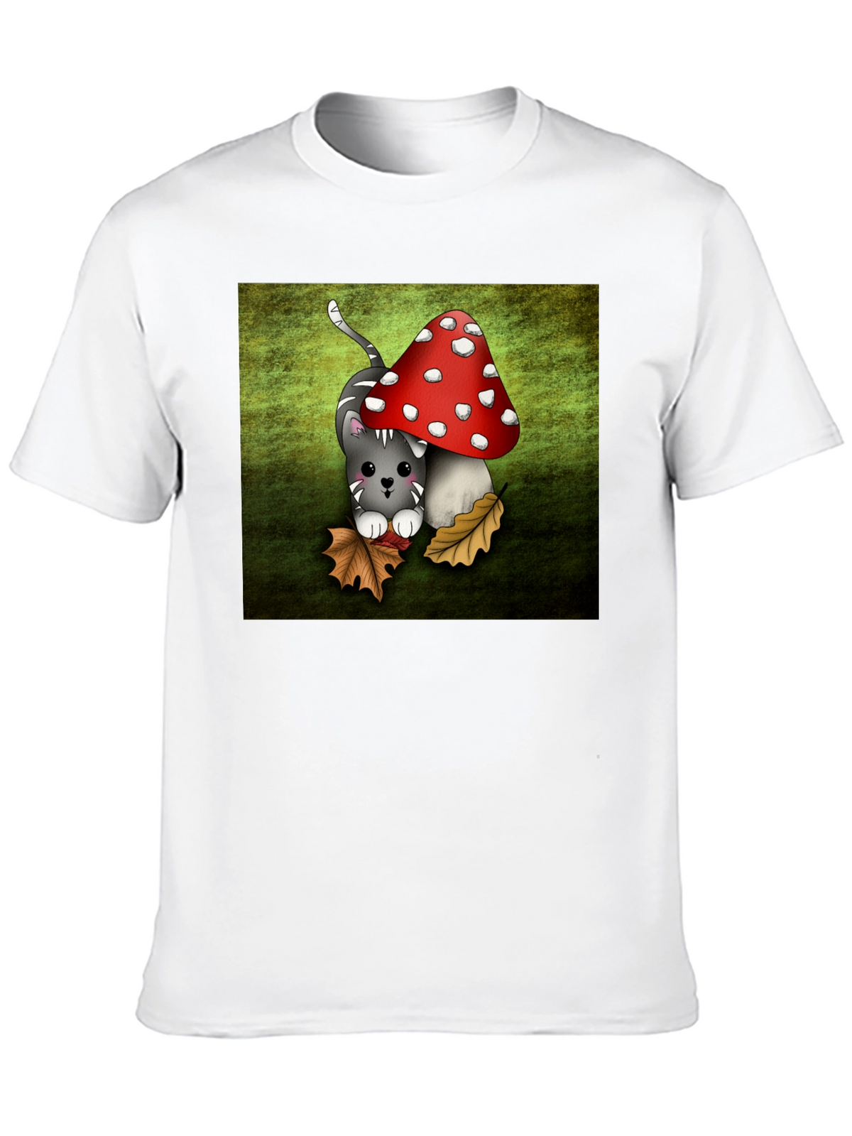 Cute Cartoon Cat and Mushroom Graphic T-Shirt