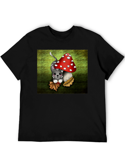 Cute Cartoon Cat and Mushroom Graphic T-Shirt