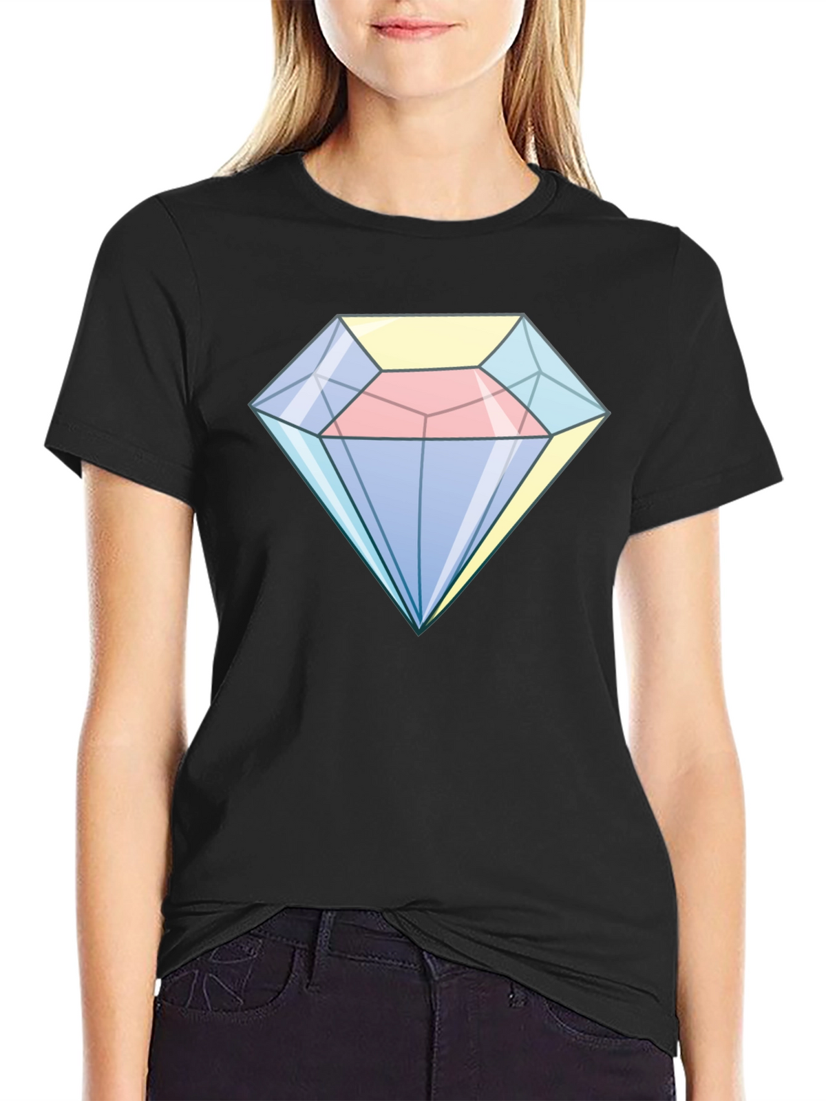 Cartoon Diamond Graphic Tee - Black Cotton Casual Shirt