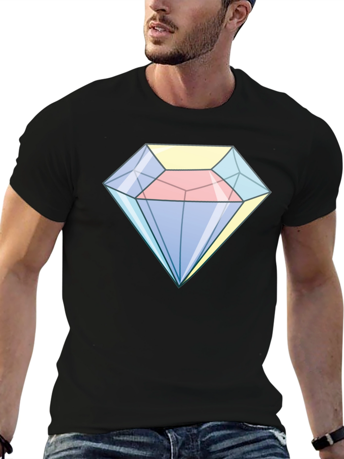 Cartoon Diamond Graphic Tee - Black Cotton Casual Shirt